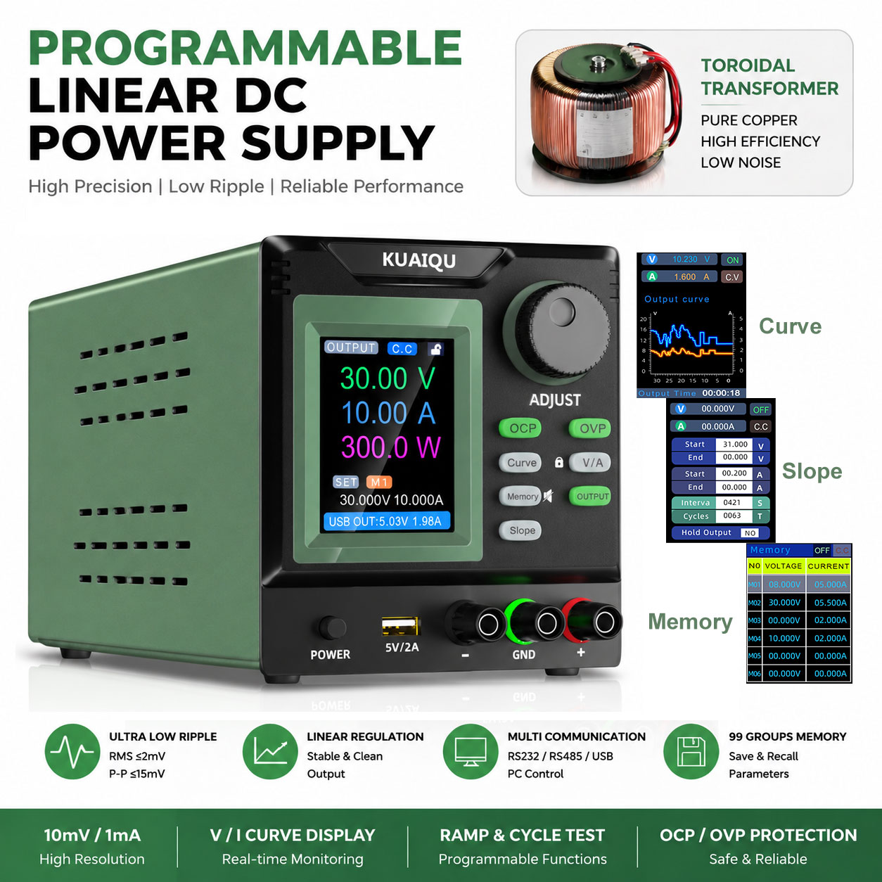 Programmable Linear Dc Power Supply 30V 10A - 低ノイズリニアDC電源 30V 10A プログラマブルベンチ電源 トロイダルトランス オーディオアナログ回路テスト用