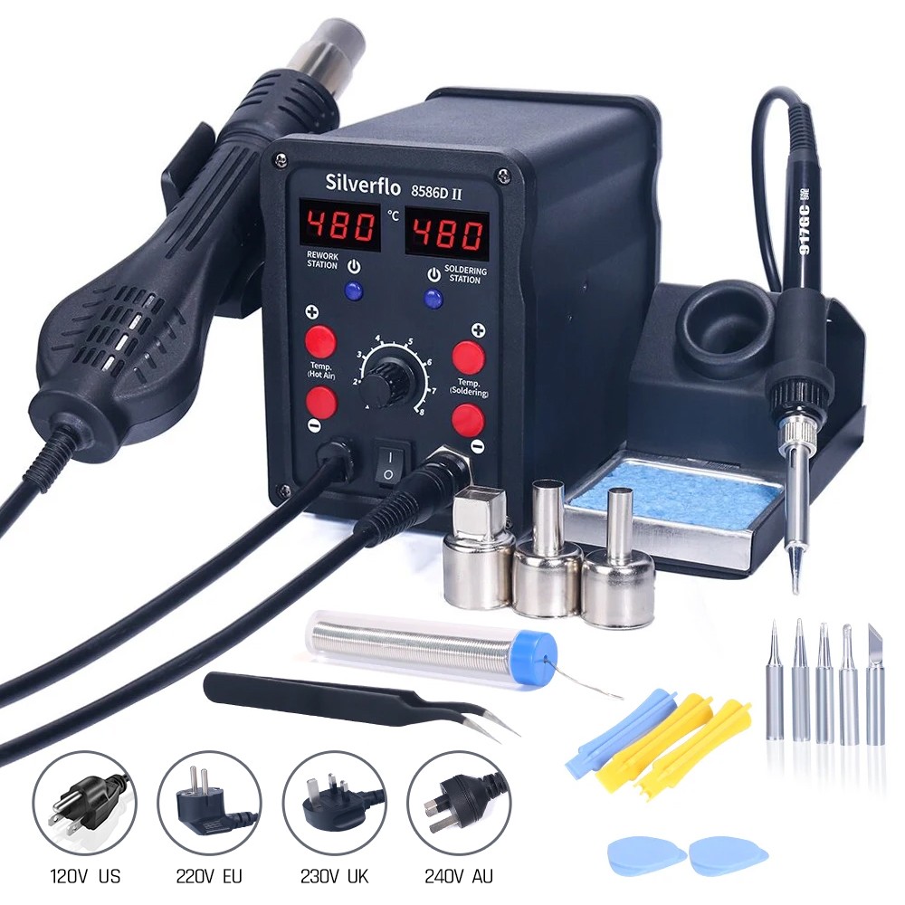 Silverflo 8586D はんだ付けステーション 2  - Smd Rework Station Hot Air Soldering 2 In 1 のレビューと価格