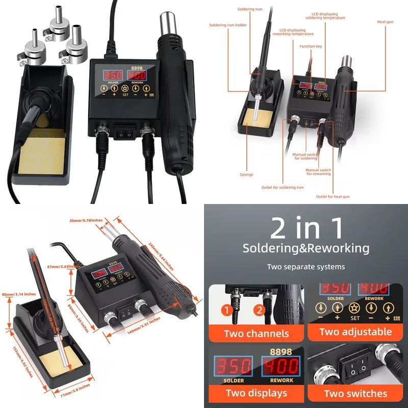 60W LEDデジタルディスプレイ熱風はんだごて 2 in  - Smd Rework Station Hot Air Soldering 2 In 1 のレビューと価格