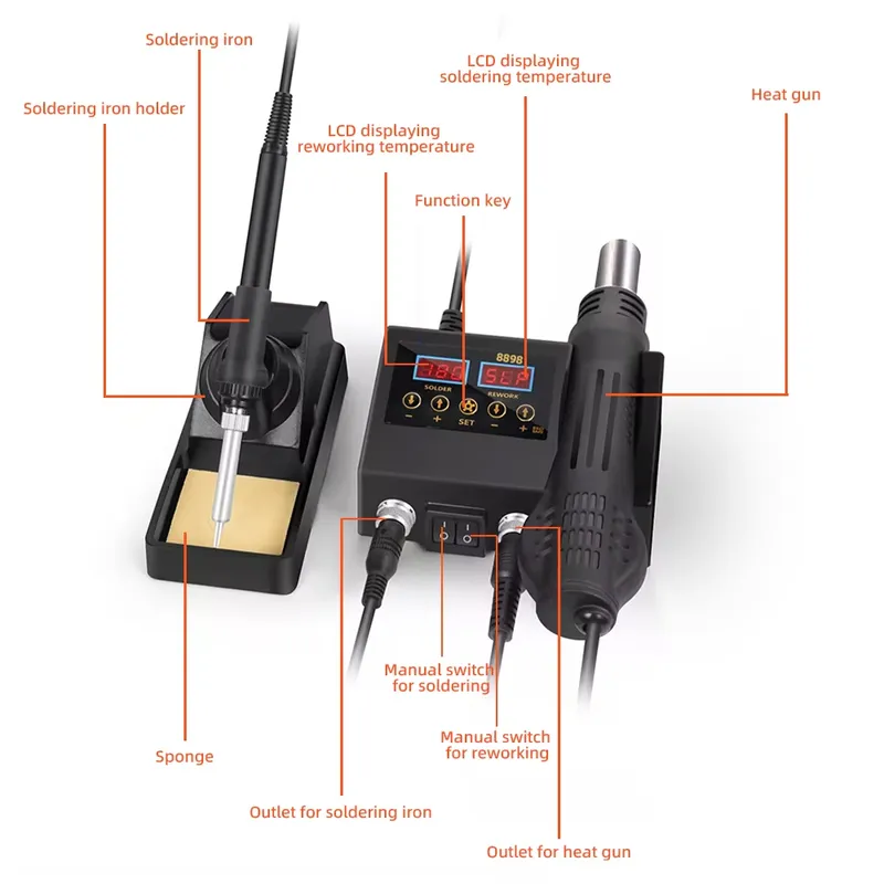 60W LEDデジタルディスプレイ熱風はんだごて 2 in  - Smd Rework Station Hot Air Soldering 2 In 1 のレビューと価格